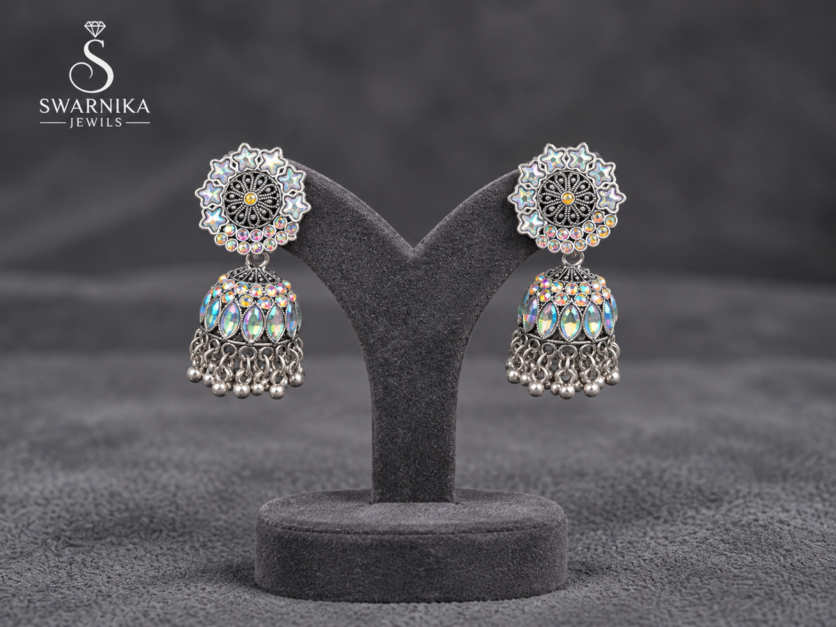 Amber Centre Holographic Crystal Jhumkas view 1