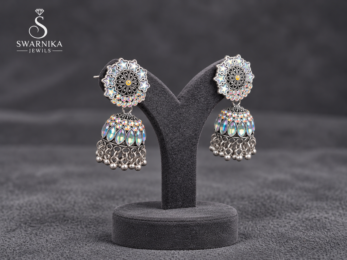 Amber Centre Holographic Crystal Jhumkas view 2
