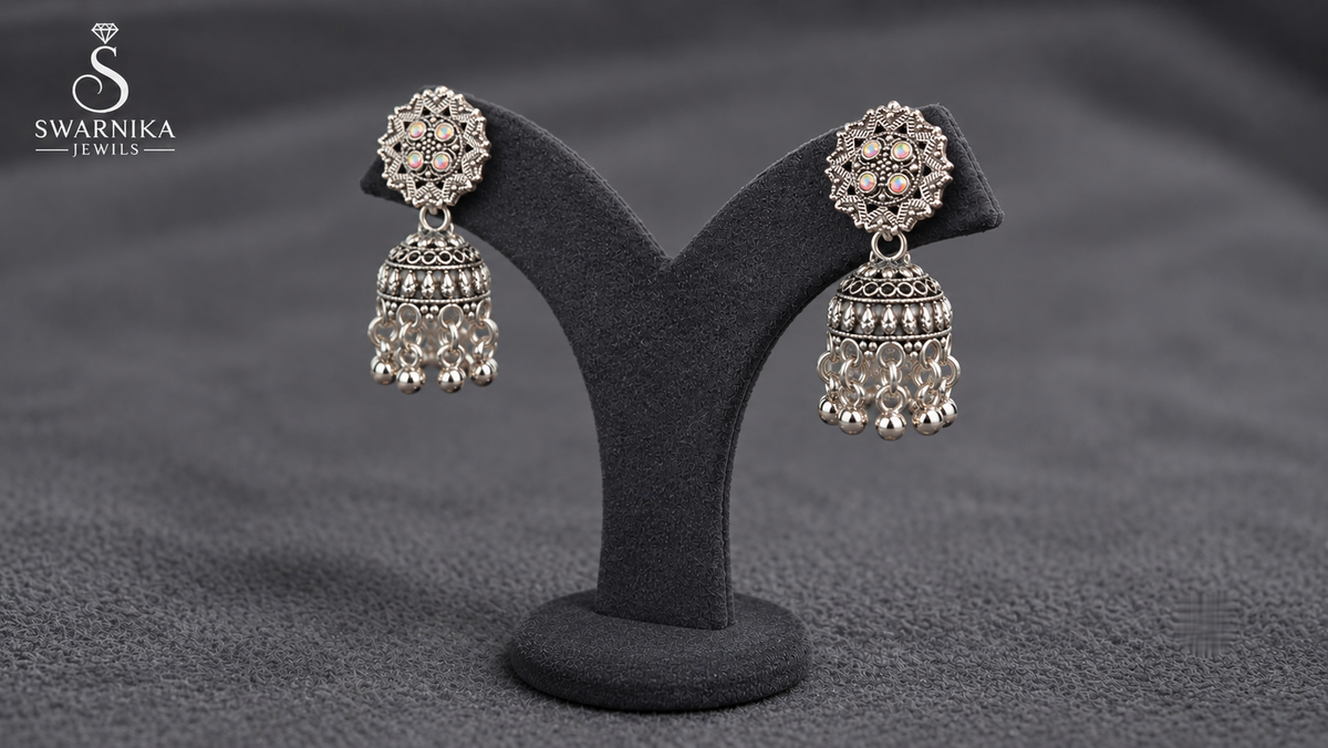 Antique Mandala Crystal Mini Jhumkas view 3