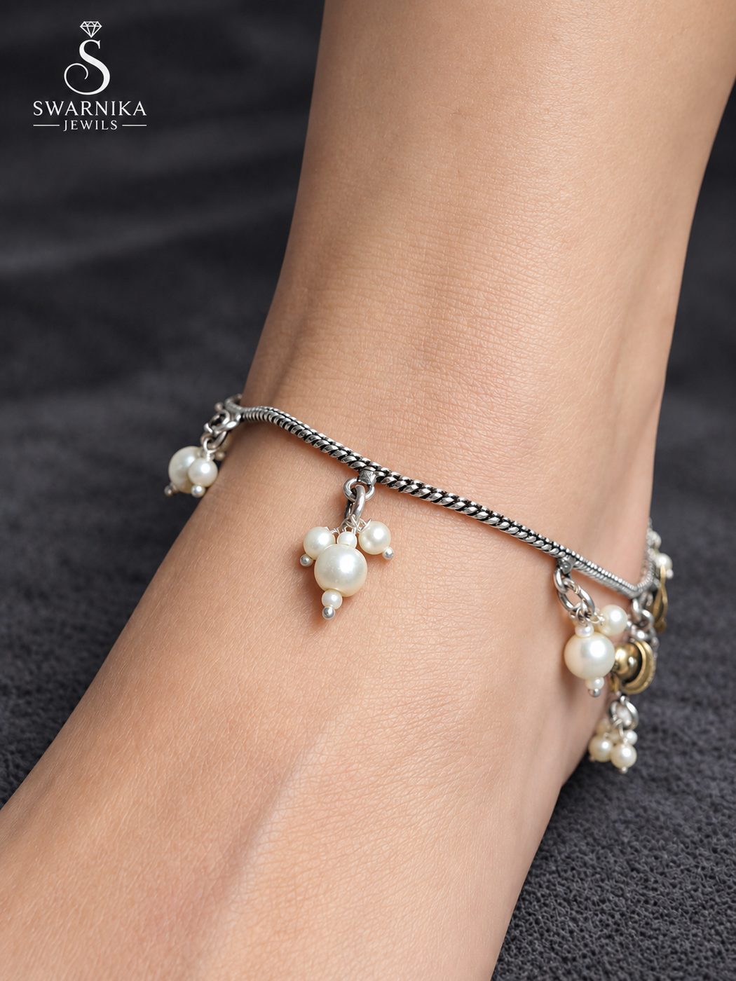 Bird Charm Pearl Cluster Oxidised Anklet view 3