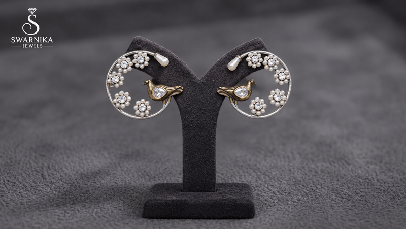 Bird Motif Open Hoop Pearl Earrings