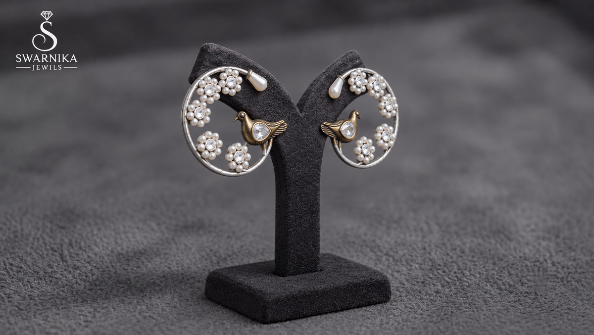 Bird Motif Open Hoop Pearl Earrings view 2
