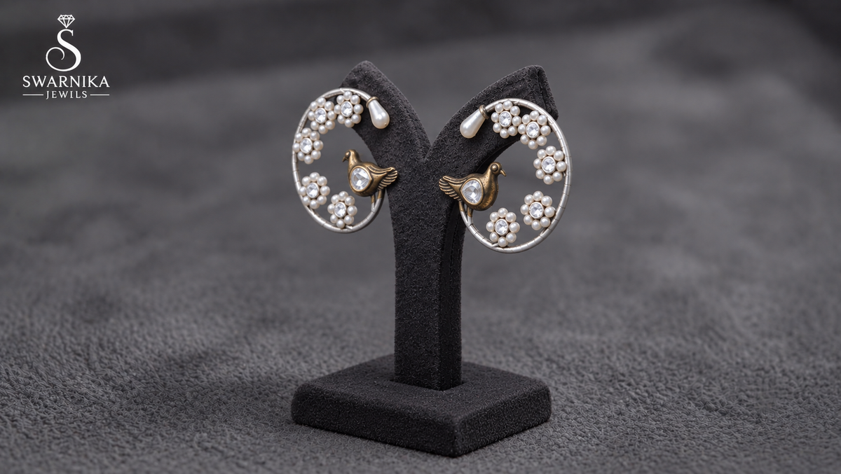 Bird Motif Open Hoop Pearl Earrings view 3