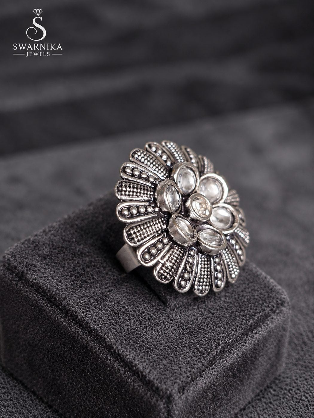 Bloom Centre Oxidised Finger Ring view 2