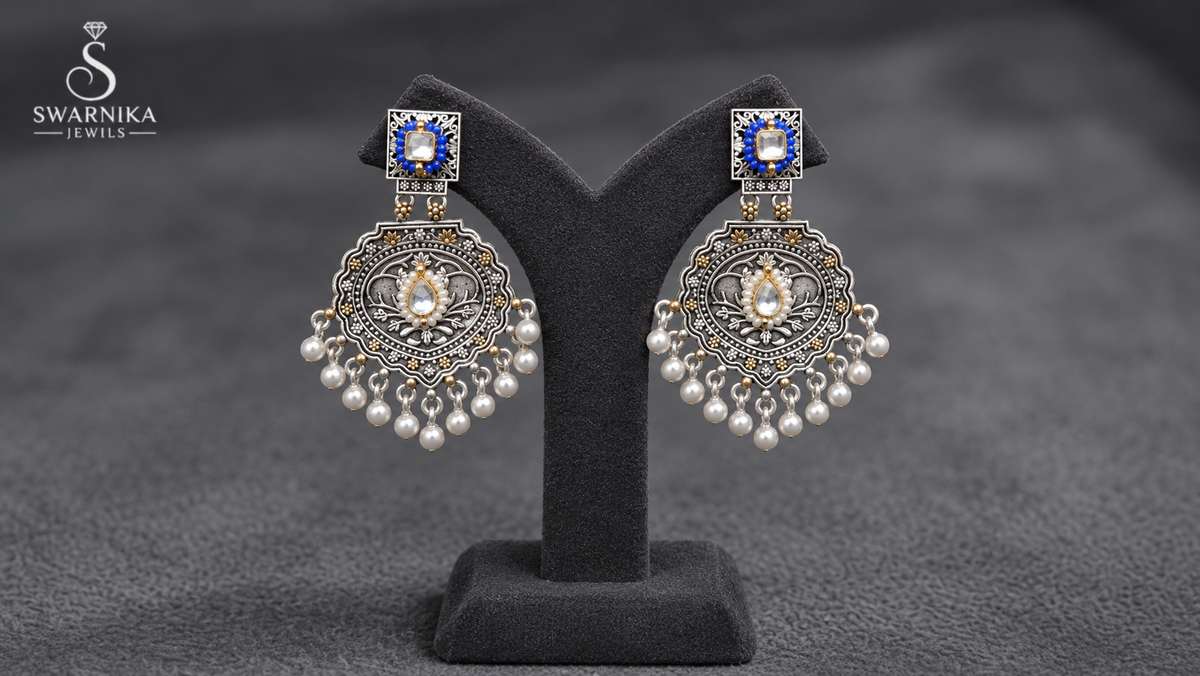 Blue Bead Pearl Fringe Drop Earrings view 1
