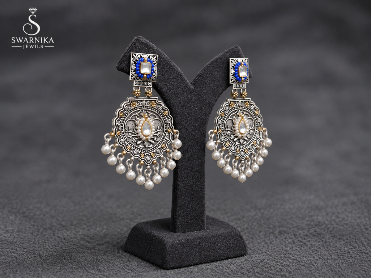 Blue Bead Pearl Fringe Drop Earrings view 2