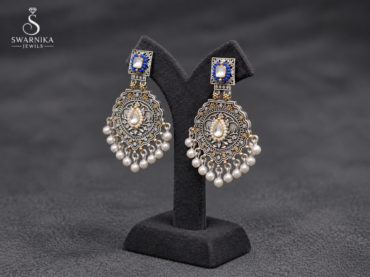 Blue Bead Pearl Fringe Drop Earrings view 3