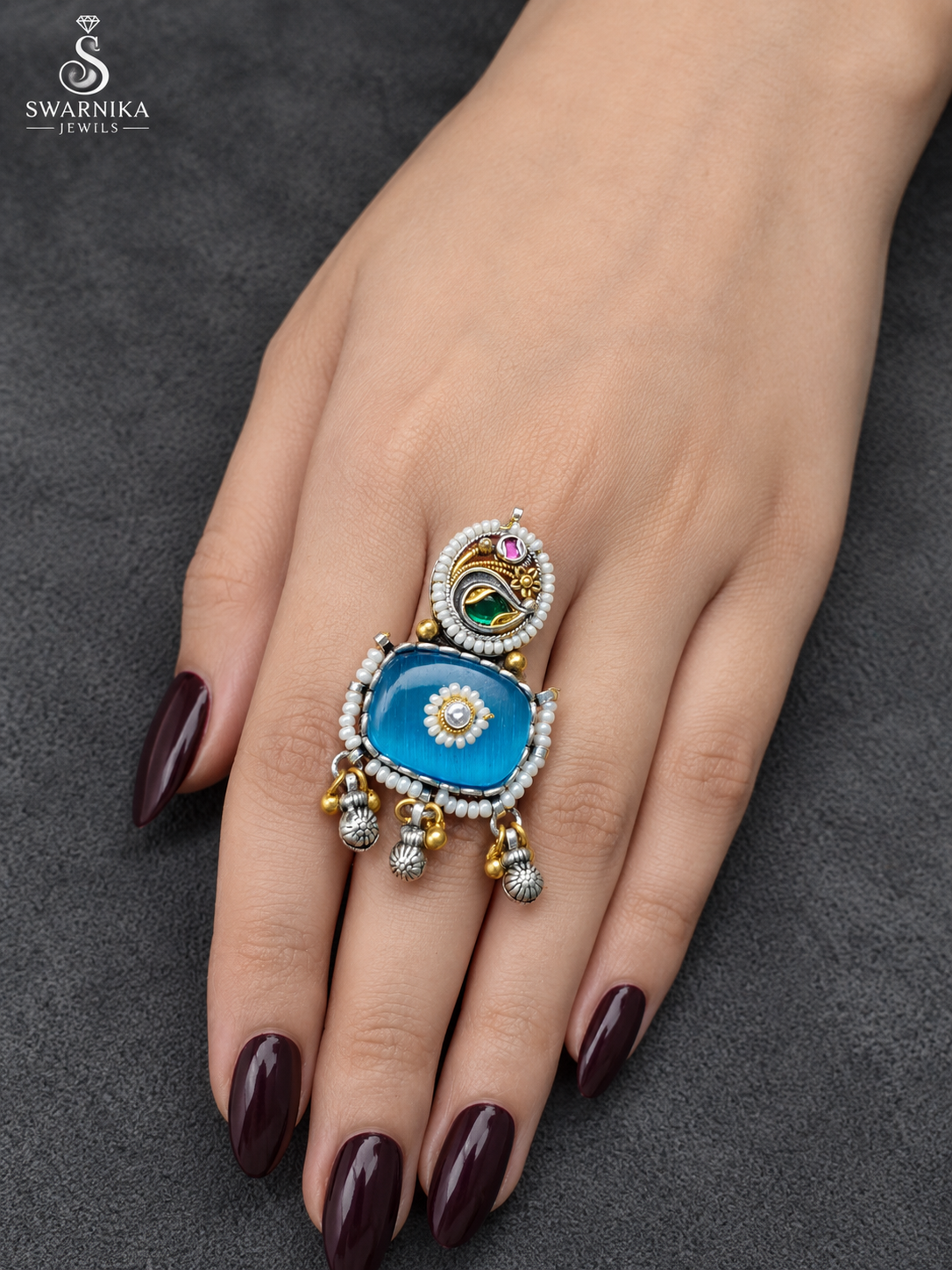 Blue Pearl Paisley Dual-Tone Ring view 1