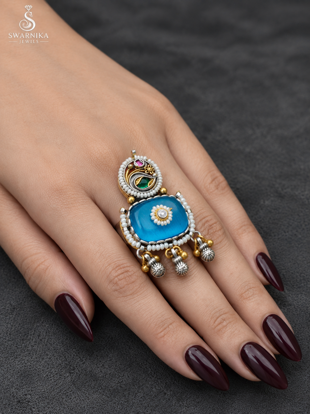 Blue Pearl Paisley Dual-Tone Ring view 3