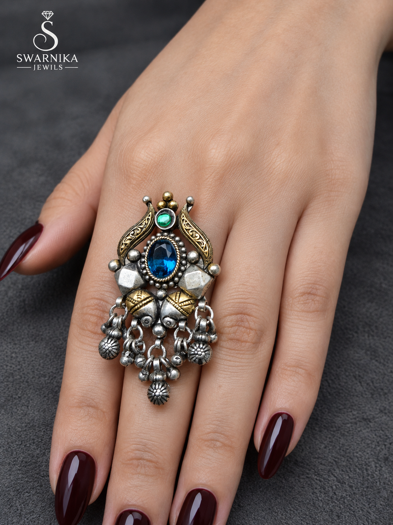 Blue Stone Dual-Tone Filigree Tassel Ring