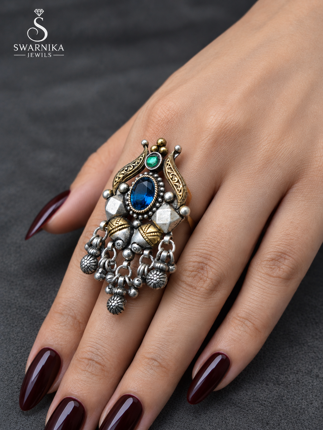 Blue Stone Dual-Tone Filigree Tassel Ring view 2