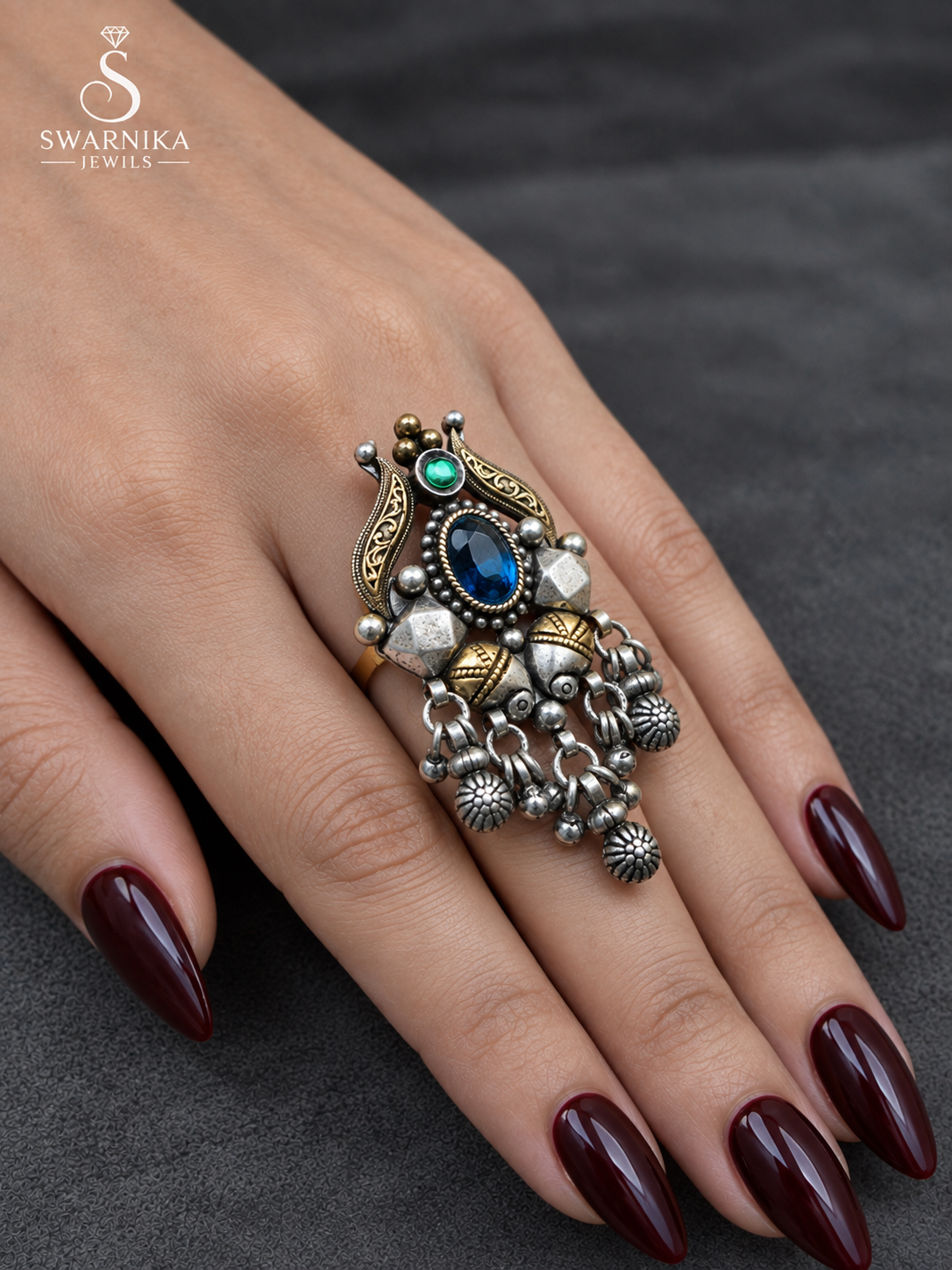Blue Stone Dual-Tone Filigree Tassel Ring view 3