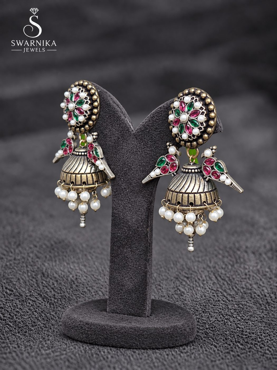 Bridal Oxidised Heavy Cluster Jhumkas view 3