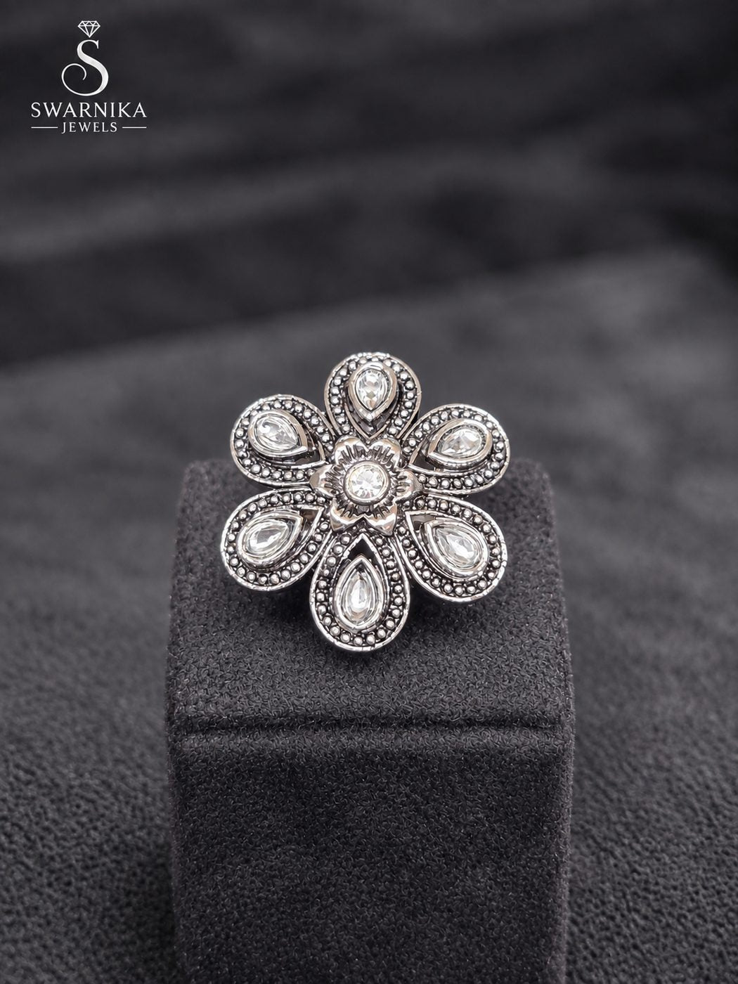 Carved Floral Oxidised Cocktail Ring view 1