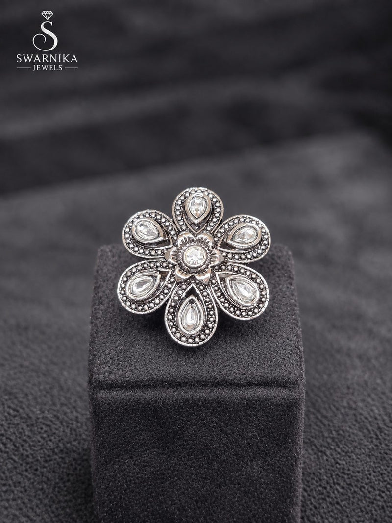 Carved Floral Oxidised Cocktail Ring