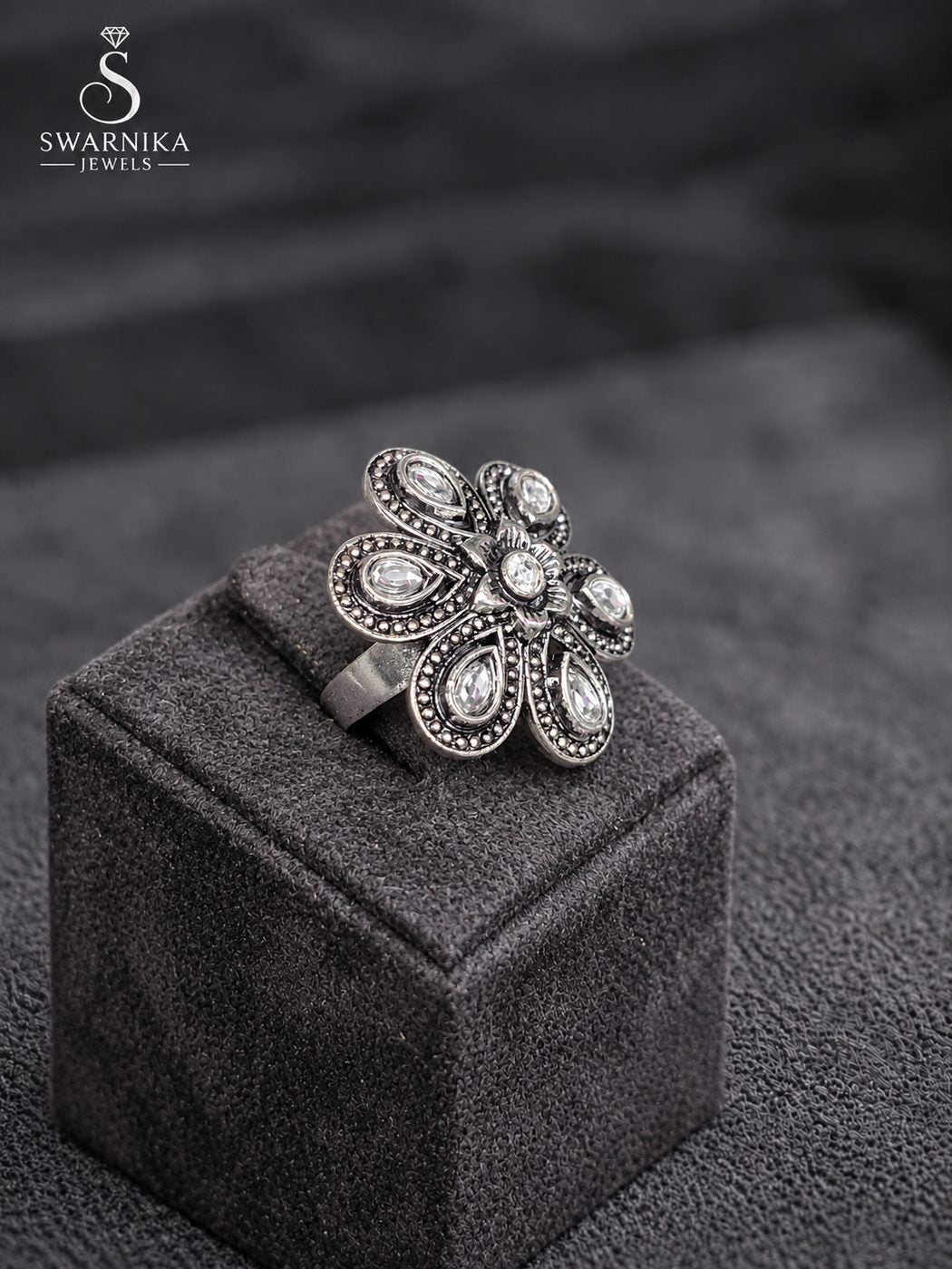Carved Floral Oxidised Cocktail Ring view 2