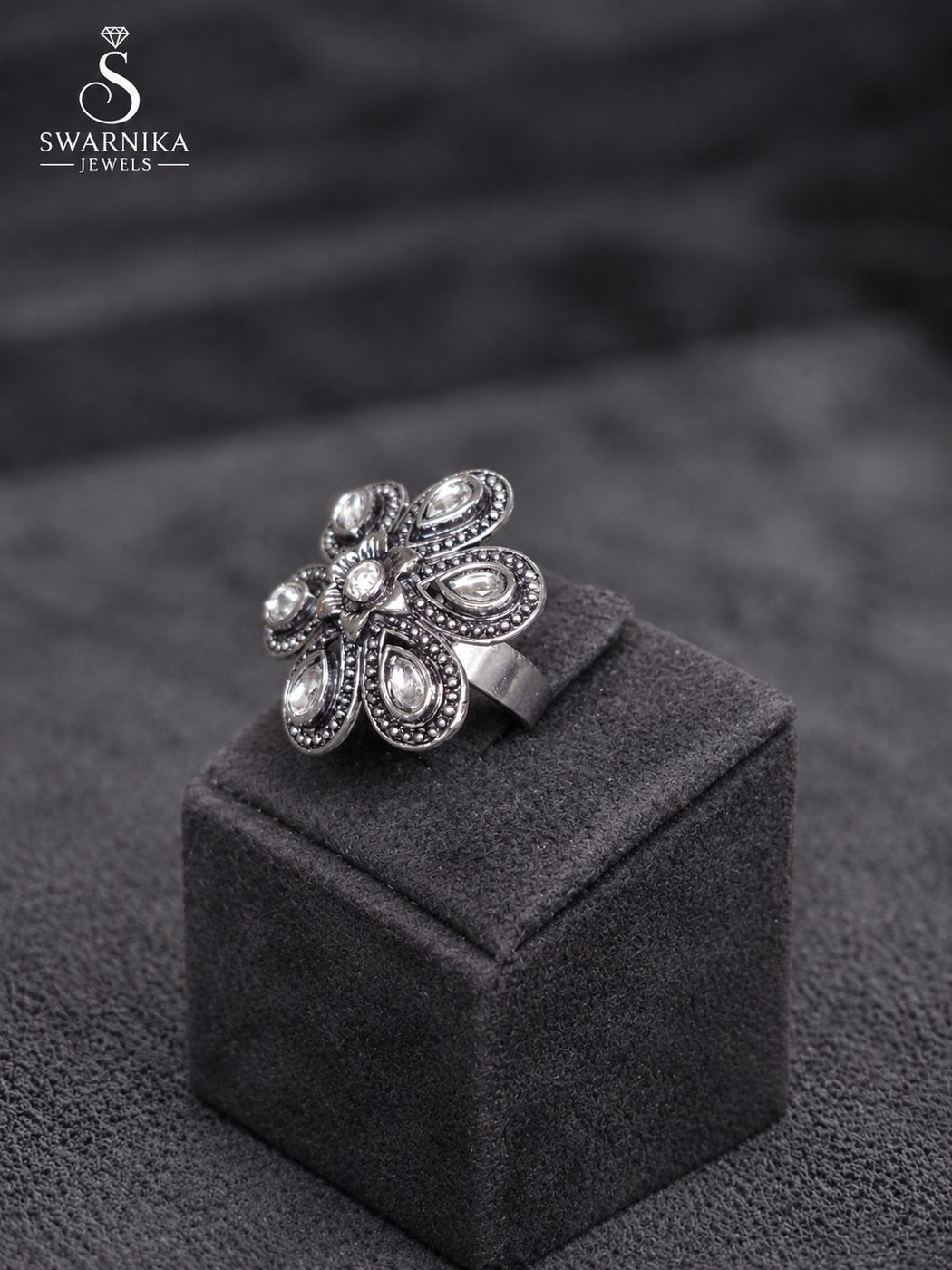 Carved Floral Oxidised Cocktail Ring view 3