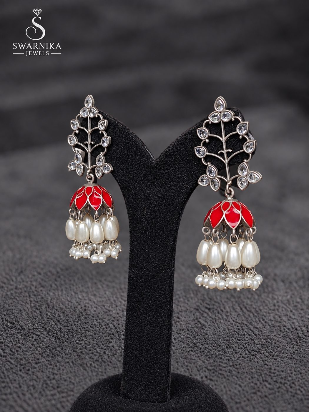 Dual Dome Crystal Oxidised Jhumkas view 3