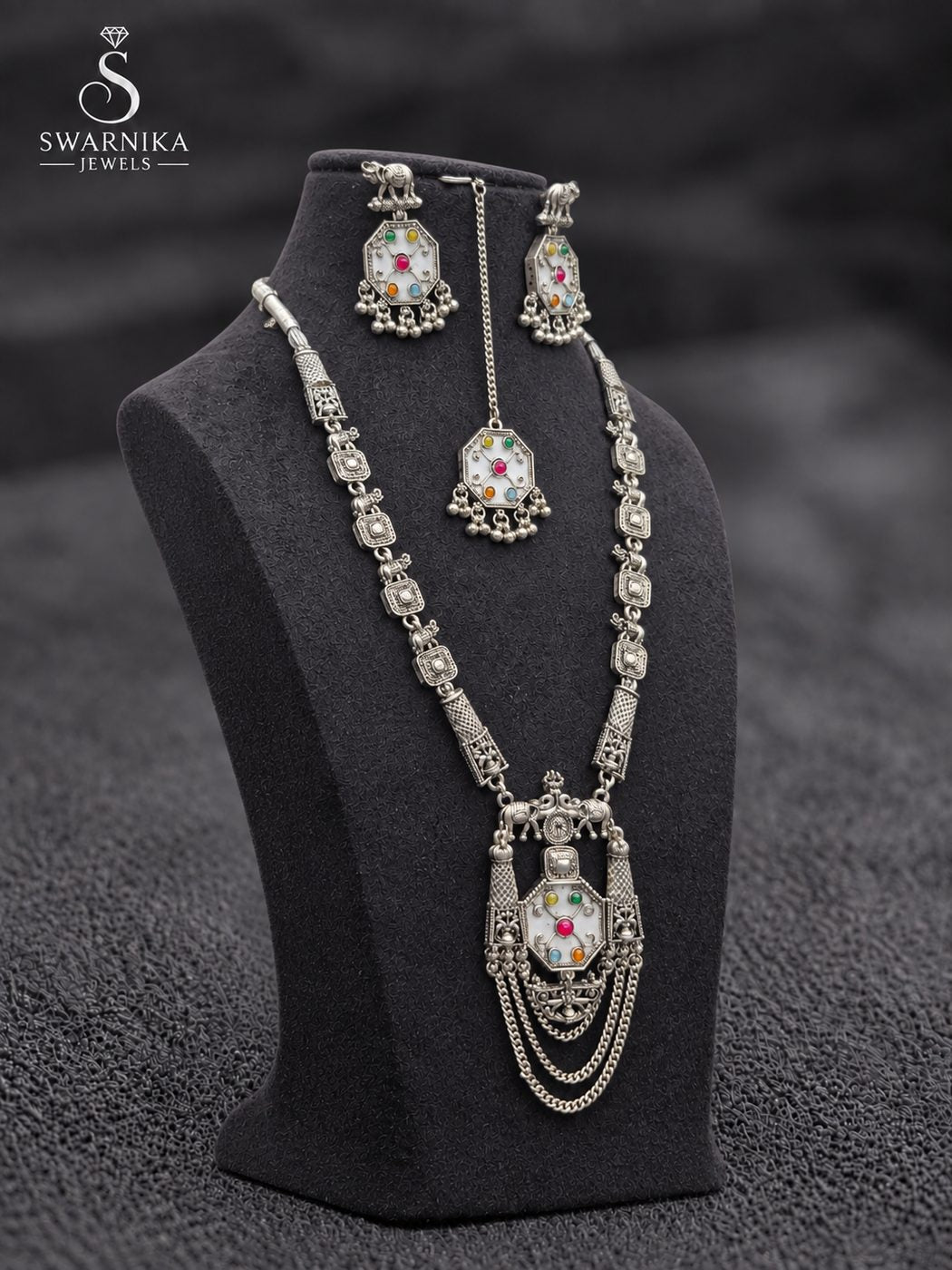 Dual Layer Temple Oxidised Necklace Set view 2