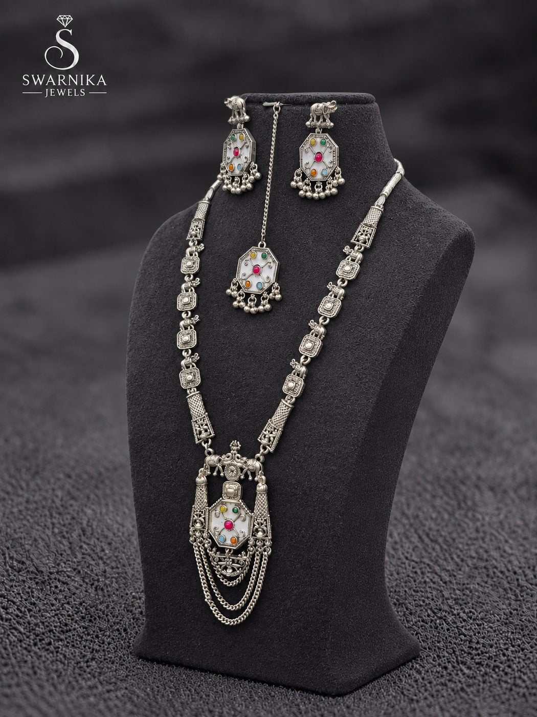 Dual Layer Temple Oxidised Necklace Set view 3