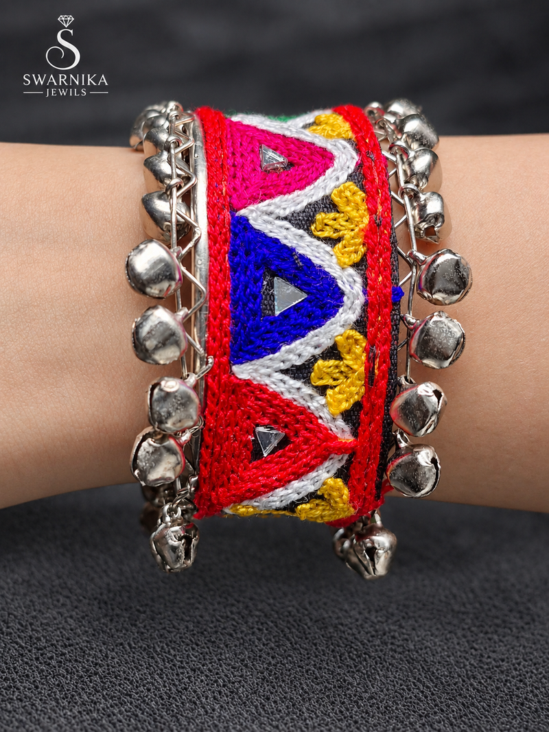 Dual Row Ghungroo Embroidered Cuff Kada