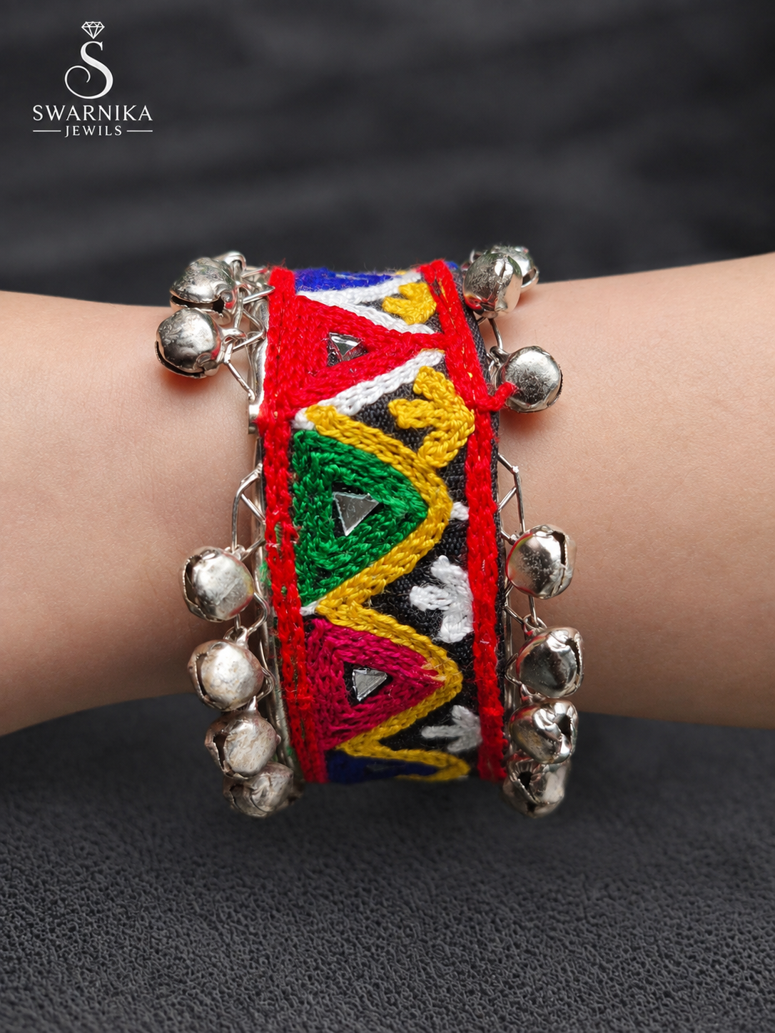 Dual Row Ghungroo Embroidered Cuff Kada view 2