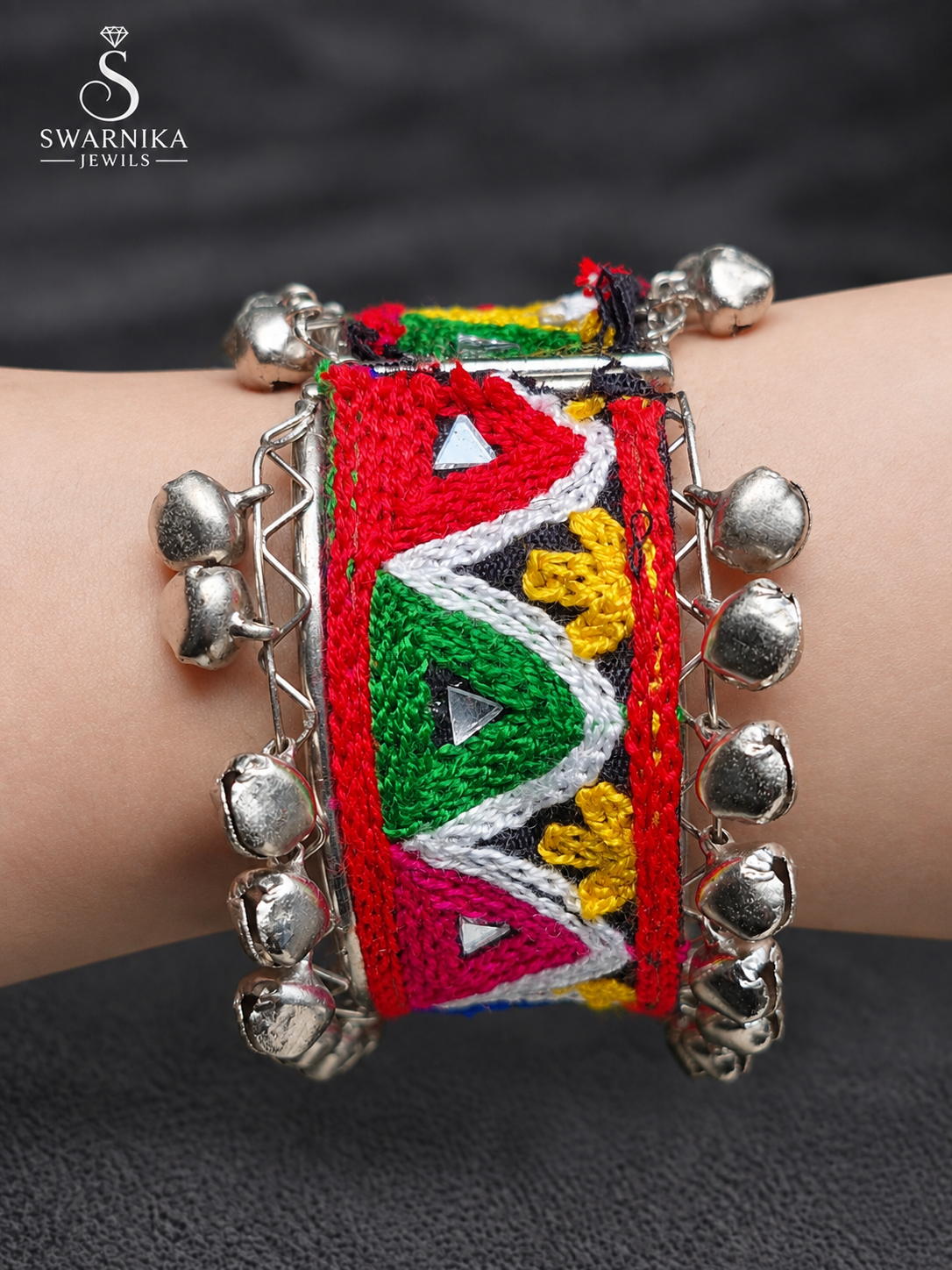 Dual Row Ghungroo Embroidered Cuff Kada view 3