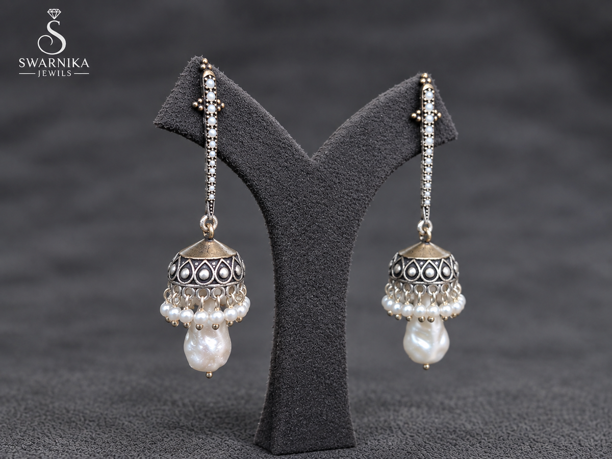 Dual-Tone Pearl Baroque Drop Jhumkas view 2