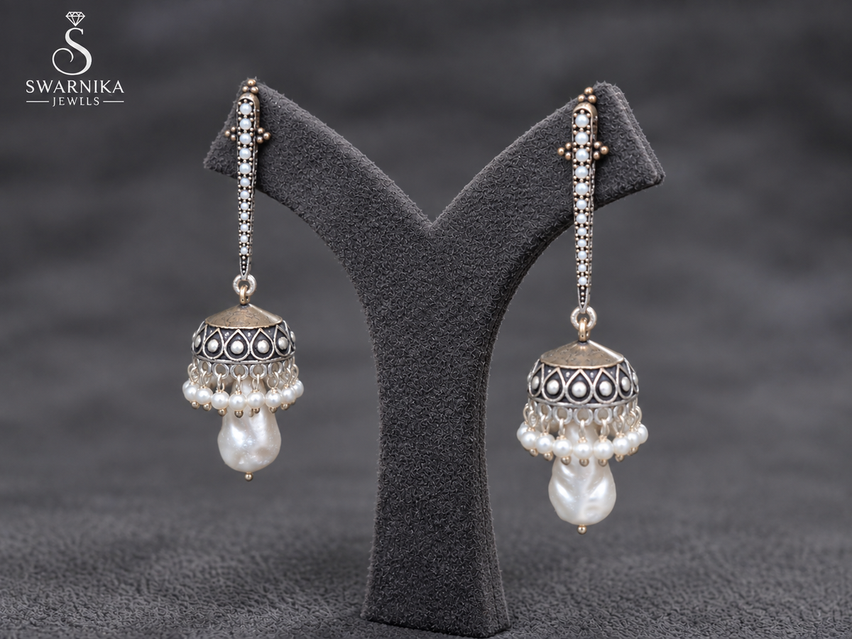 Dual-Tone Pearl Baroque Drop Jhumkas view 3