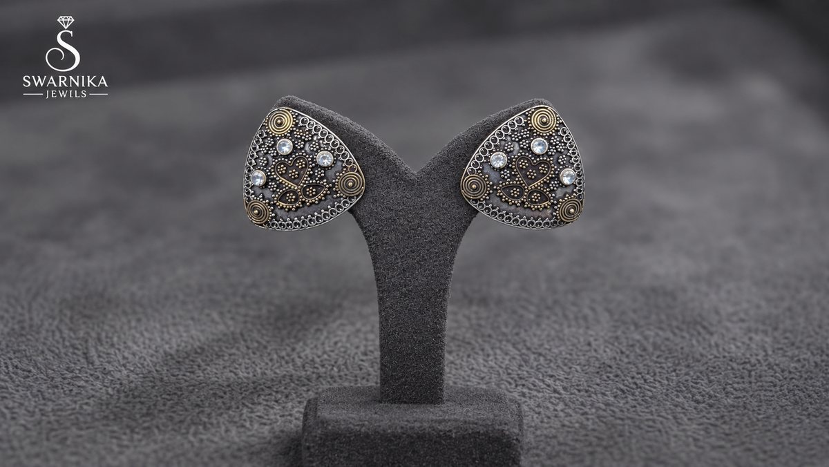 Dual-Tone Triangular Stud Earrings view 1