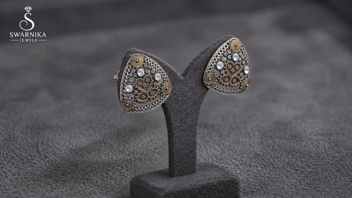 Dual-Tone Triangular Stud Earrings view 2