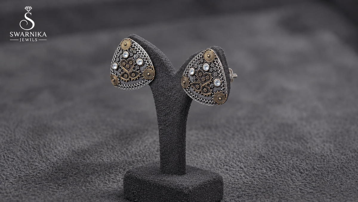 Dual-Tone Triangular Stud Earrings view 3