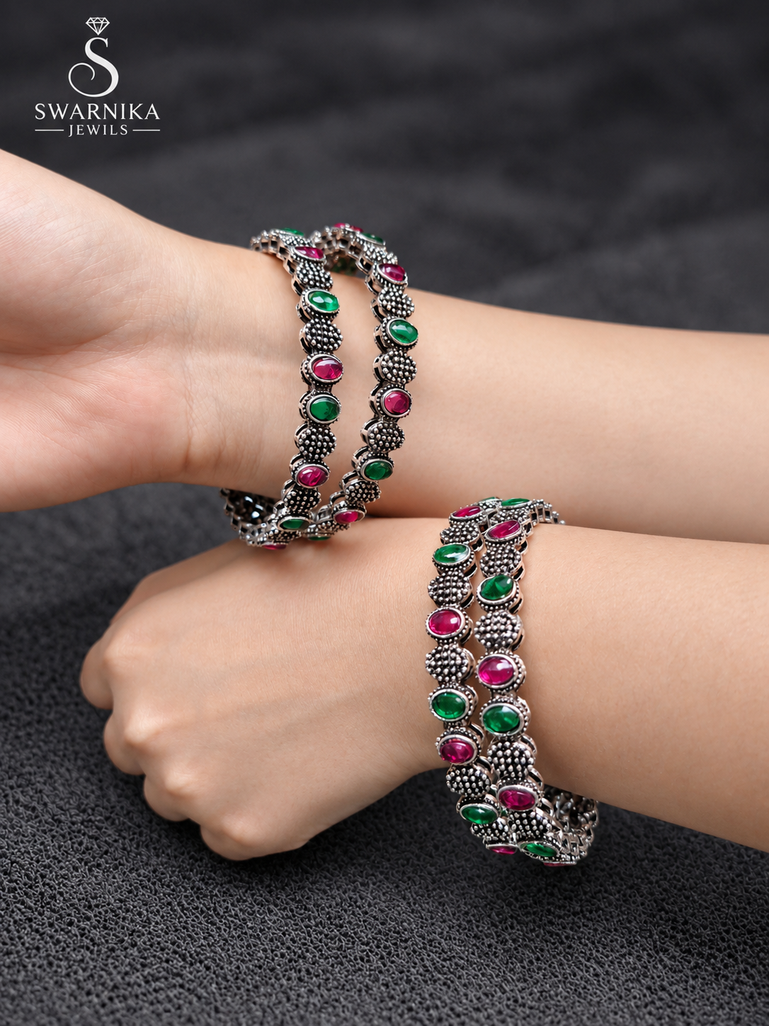 Dual Wrist Oxidised Multistone Festive Kadas view 1
