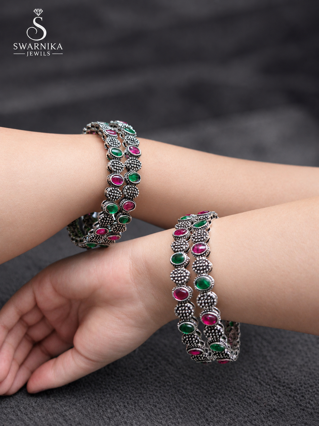 Dual Wrist Oxidised Multistone Festive Kadas view 2
