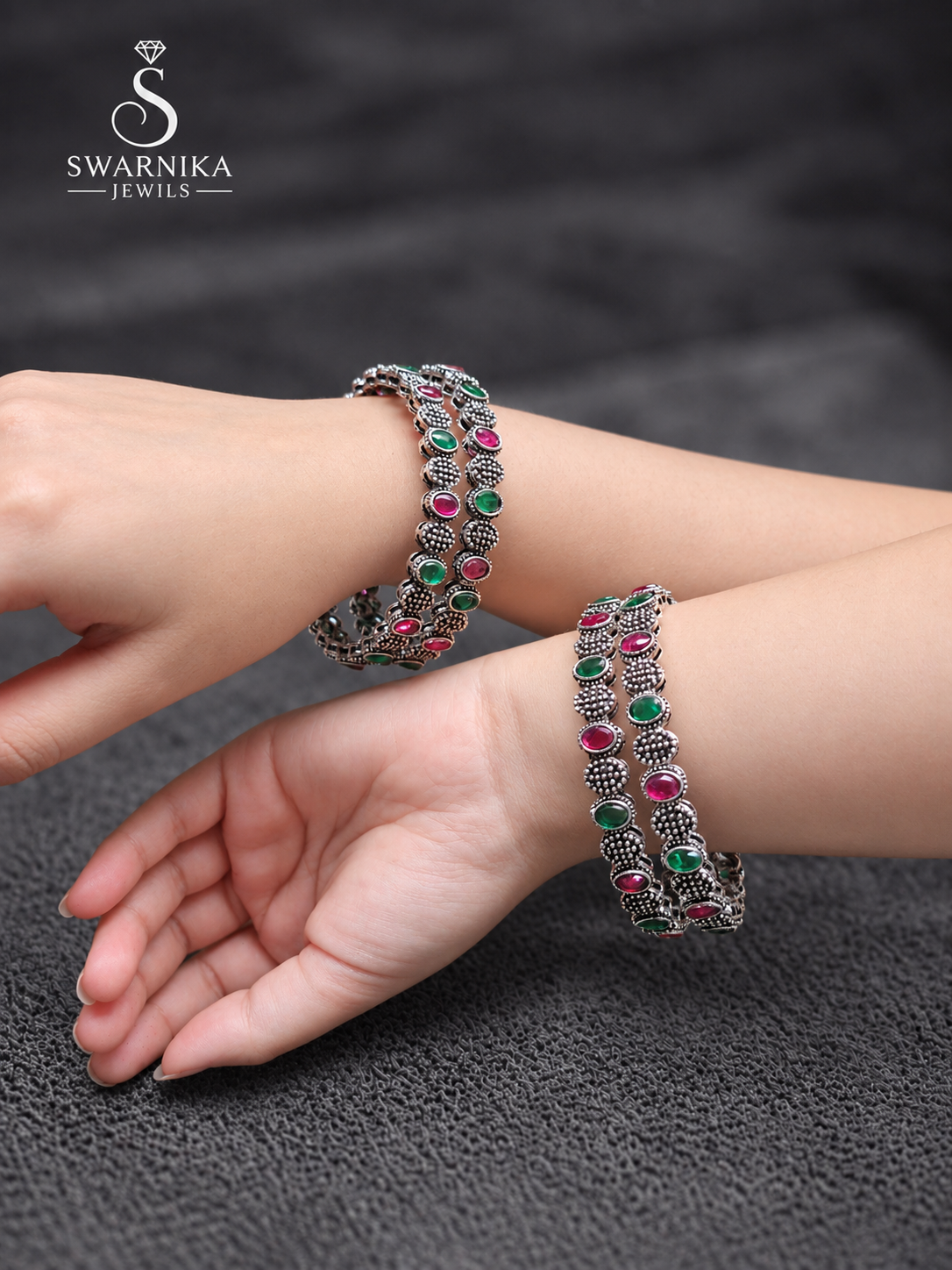 Dual Wrist Oxidised Multistone Festive Kadas view 3
