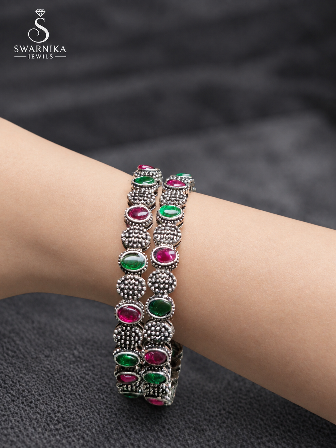 Dual Wrist Oxidised Multistone Festive Kadas view 4