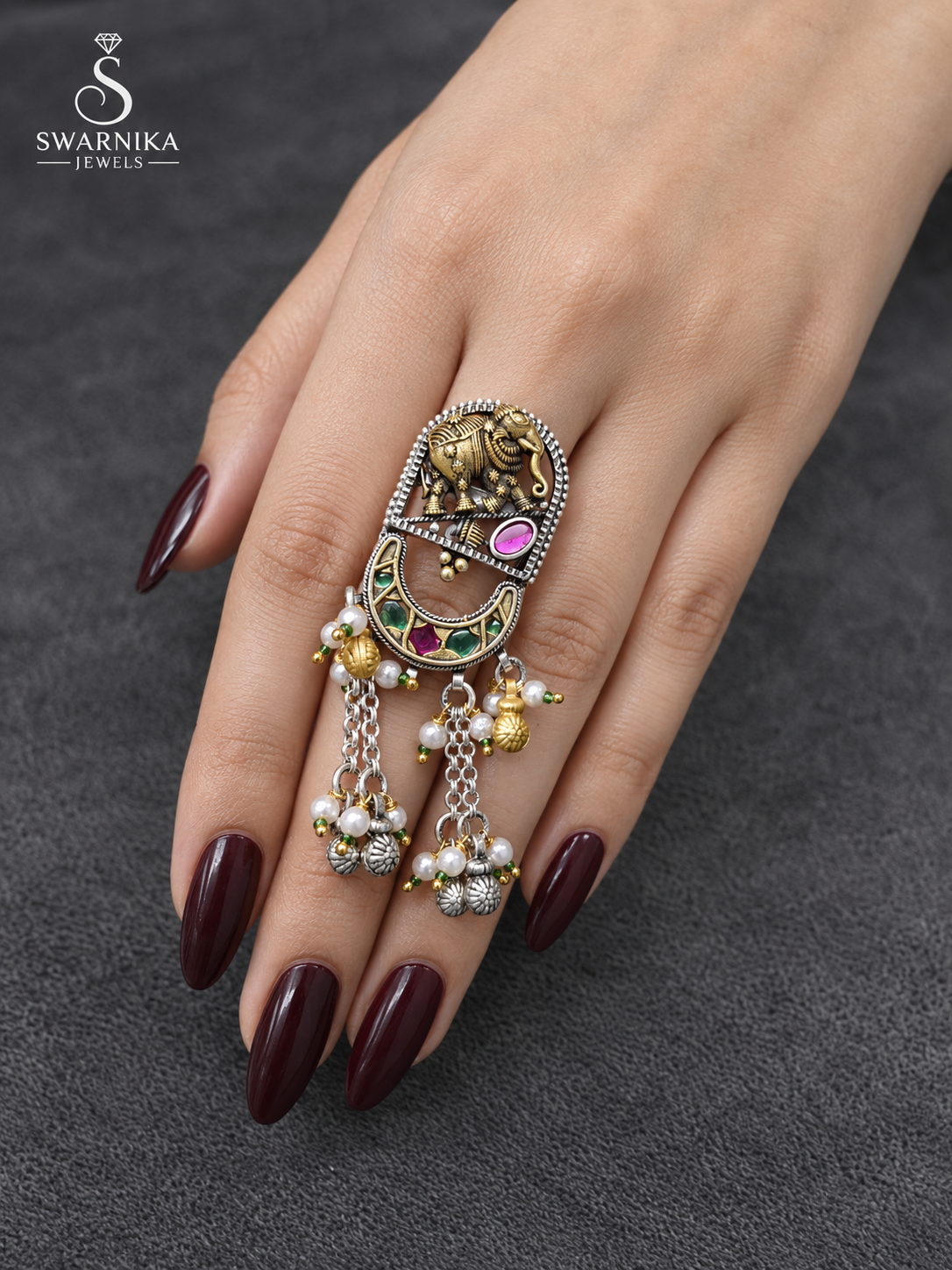 Elephant Crescent Multicolour Tassel Ring view 1