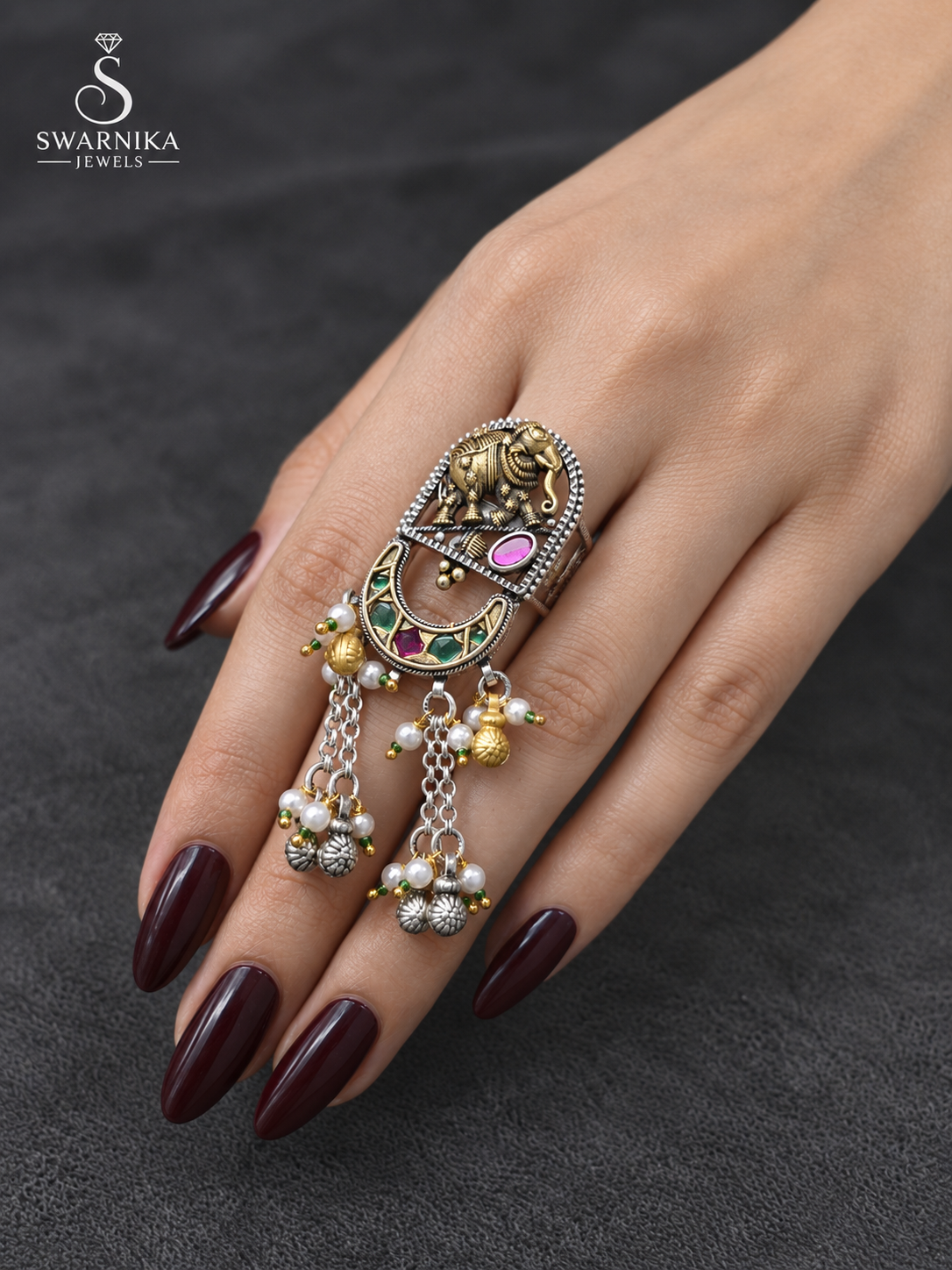 Elephant Crescent Multicolour Tassel Ring view 2