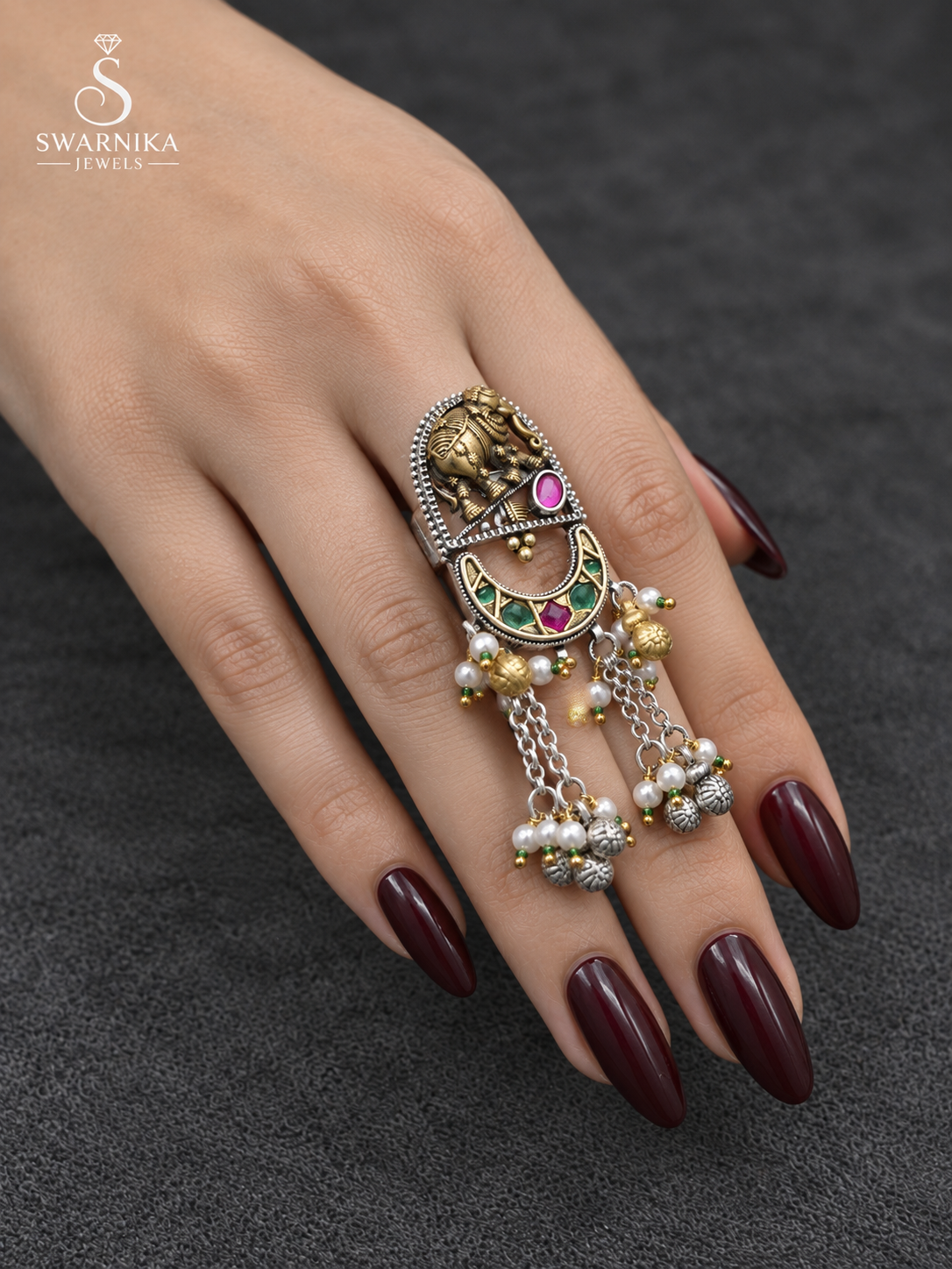 Elephant Crescent Multicolour Tassel Ring view 3