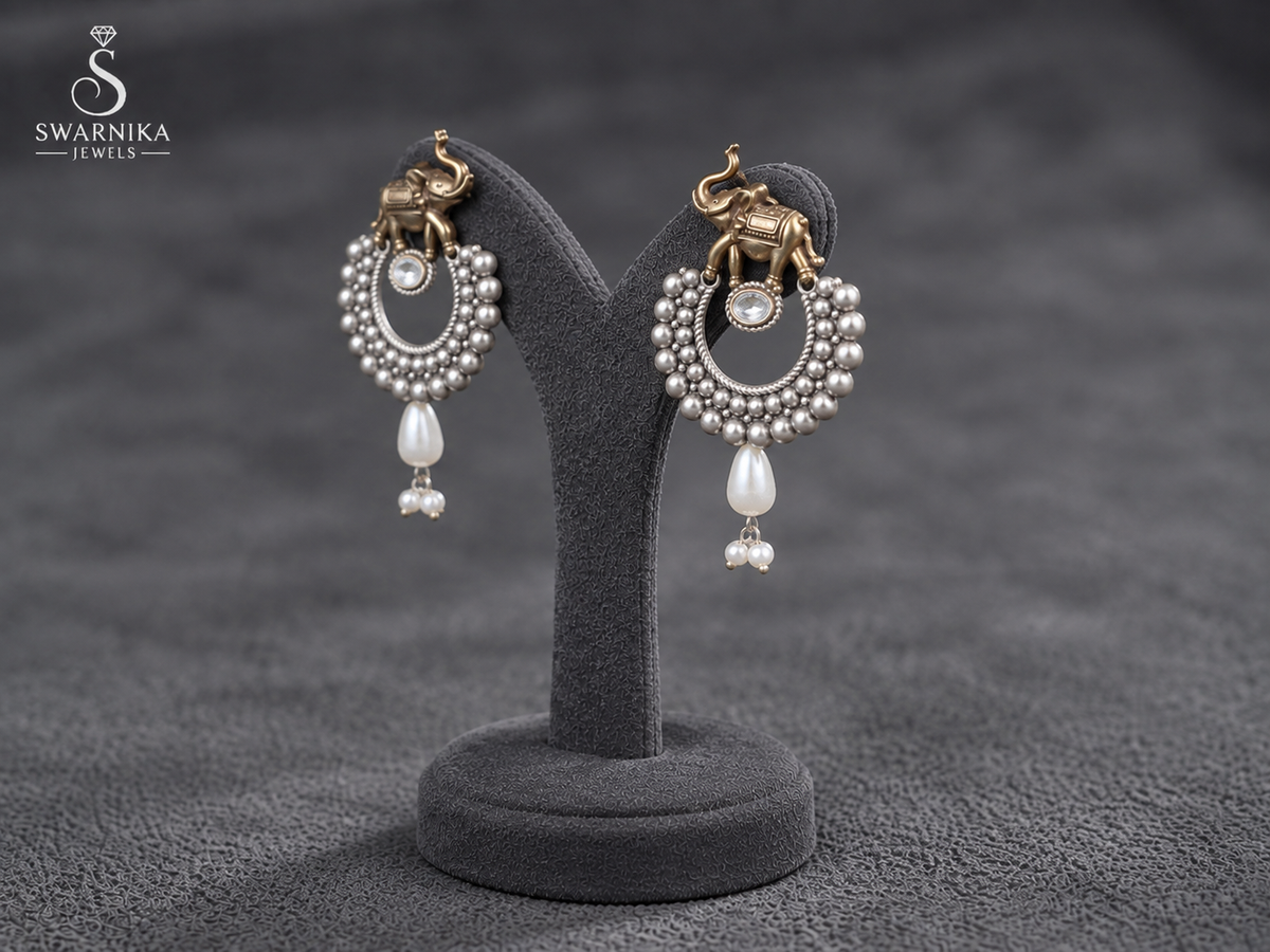 Elephant Crescent Pearl Drop Earrings view 1