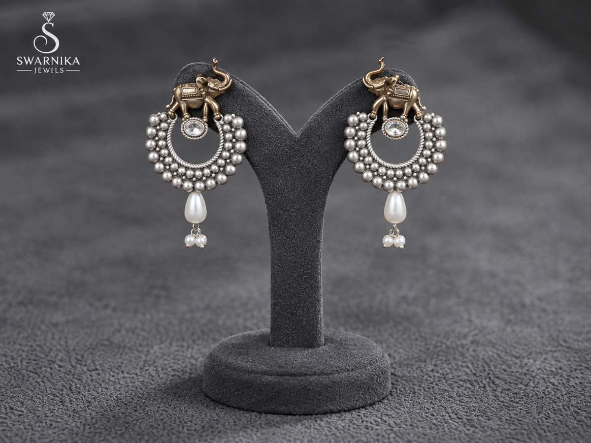 Elephant Crescent Pearl Drop Earrings view 2