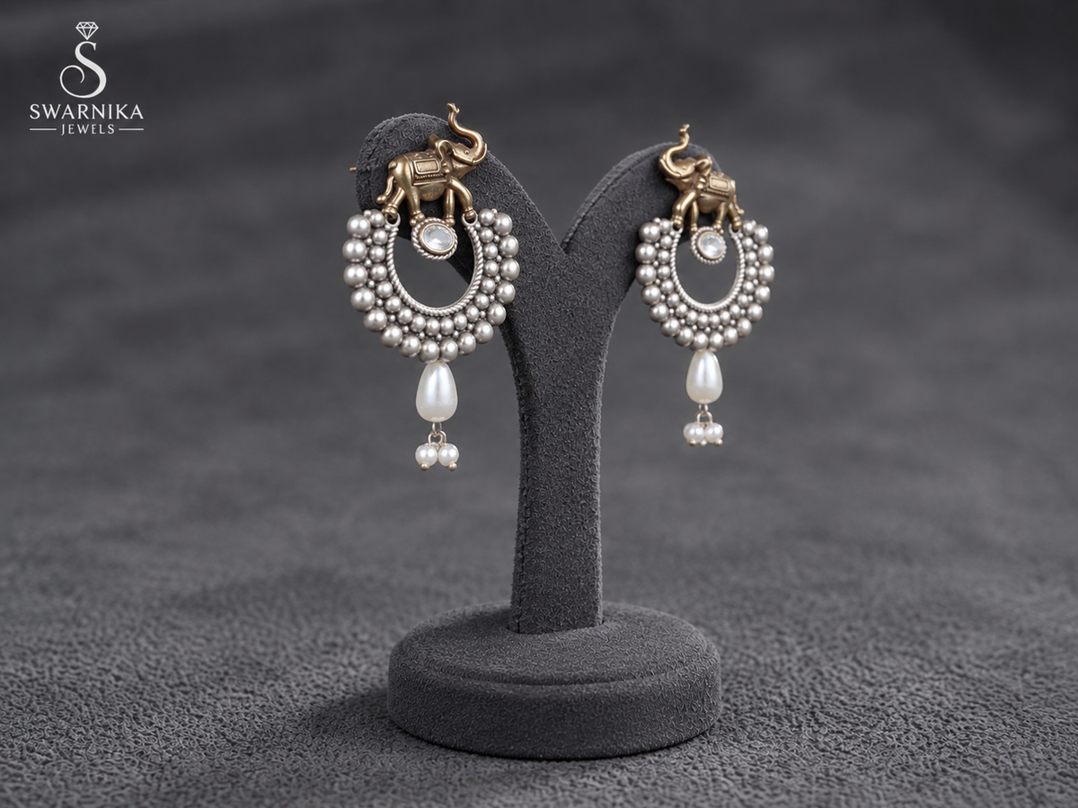 Elephant Crescent Pearl Drop Earrings view 3