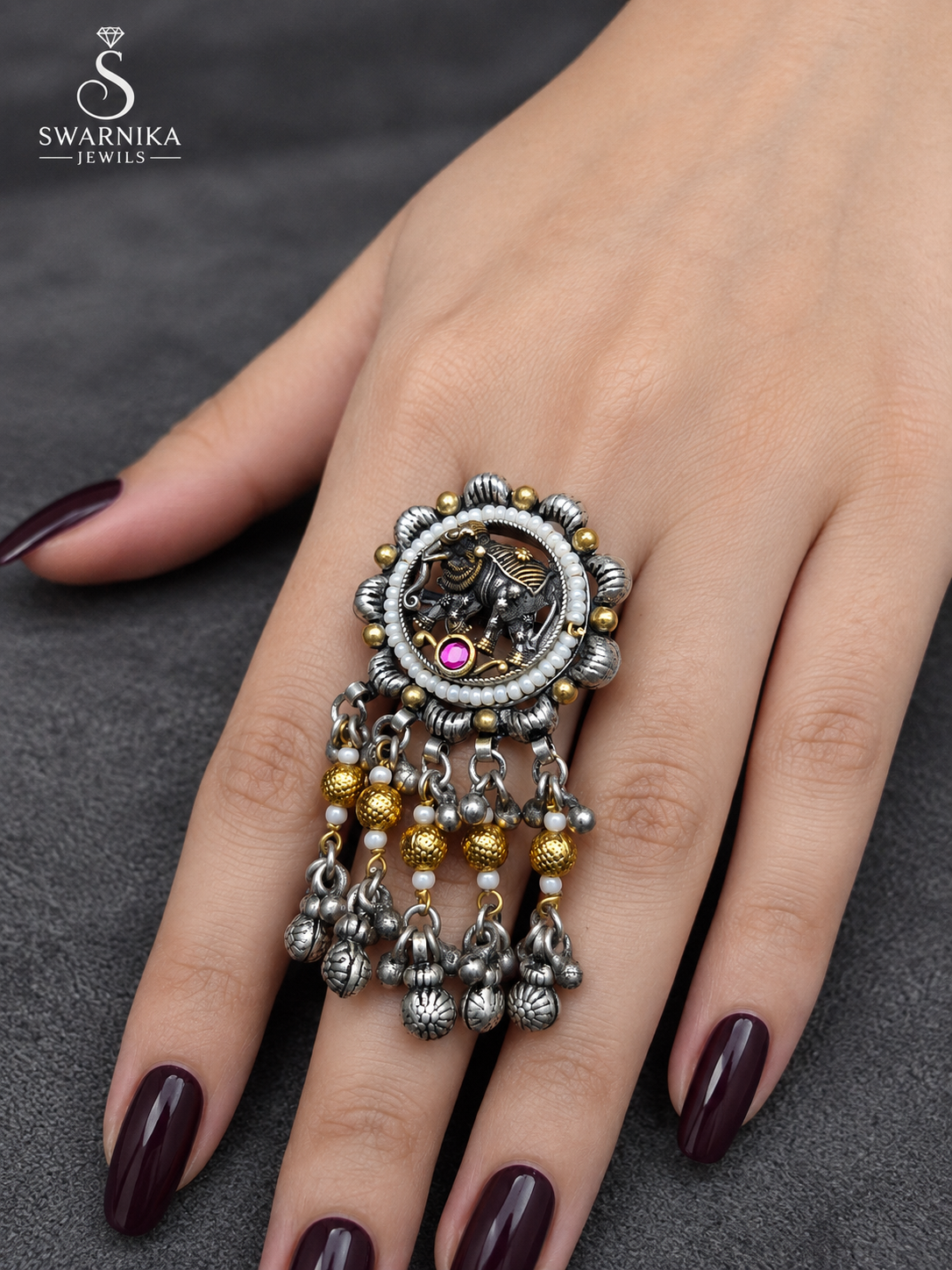 Elephant Medallion Pink Pearl Tassel Ring view 1