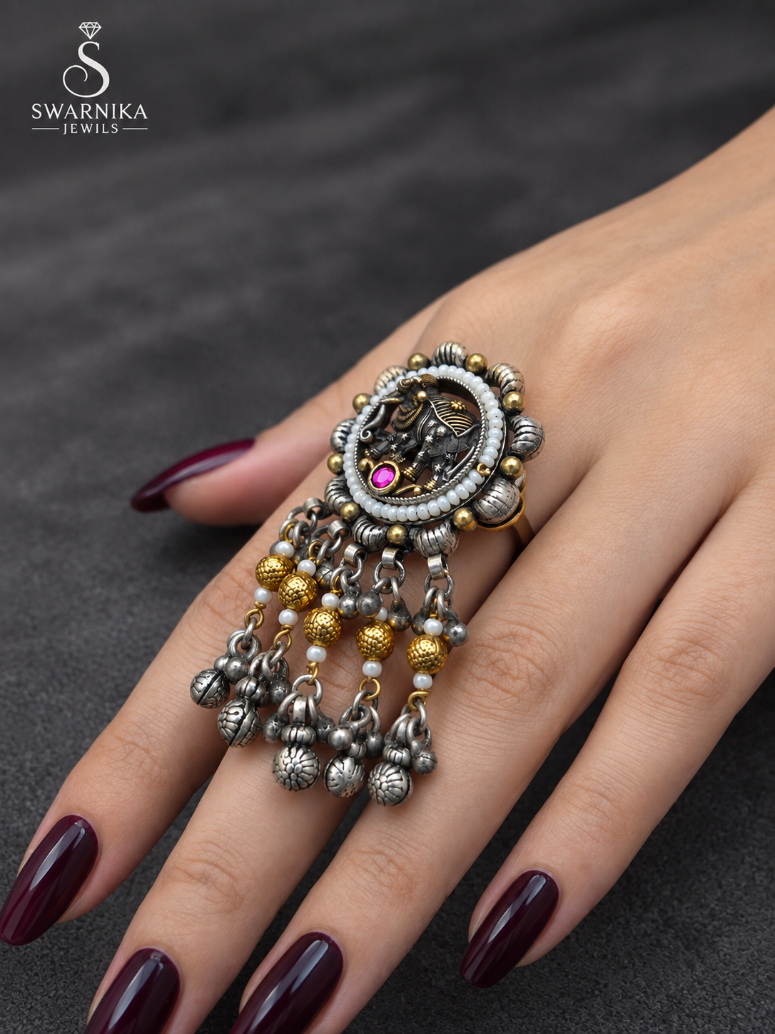 Elephant Medallion Pink Pearl Tassel Ring view 2