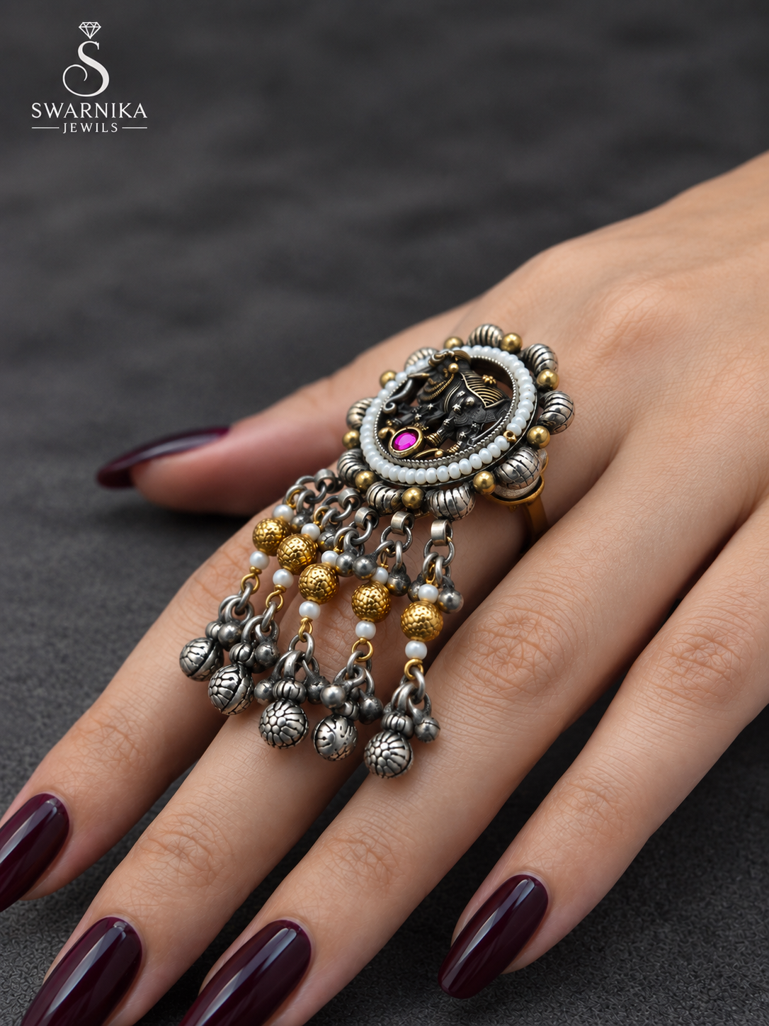 Elephant Medallion Pink Pearl Tassel Ring view 3