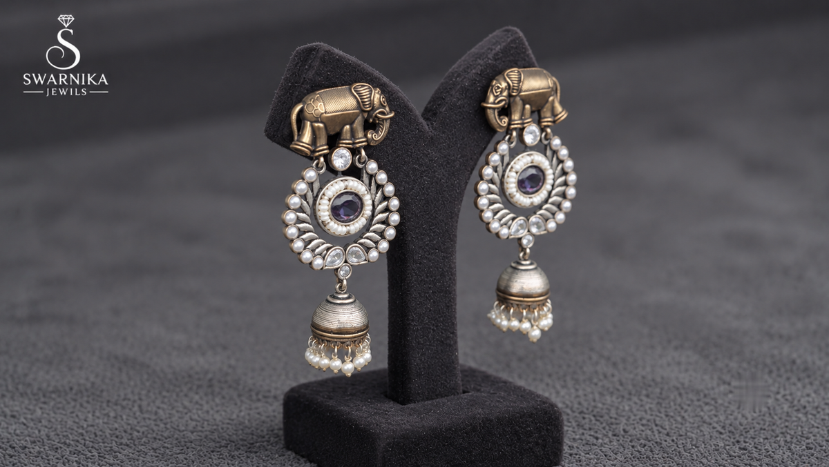 Elephant Purple Pearl Temple Jhumkas view 2