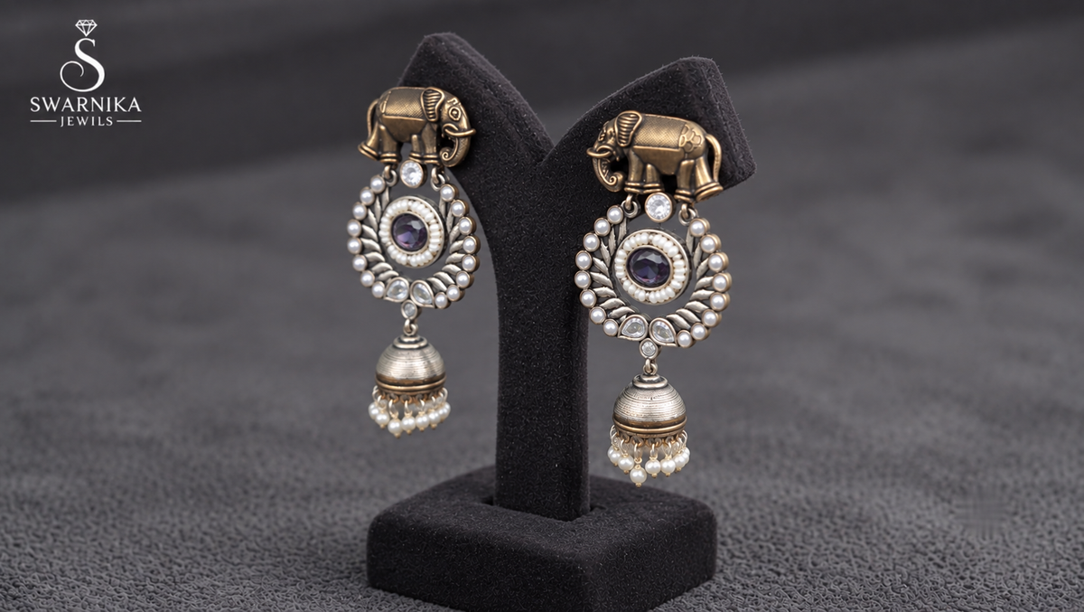 Elephant Purple Pearl Temple Jhumkas view 3