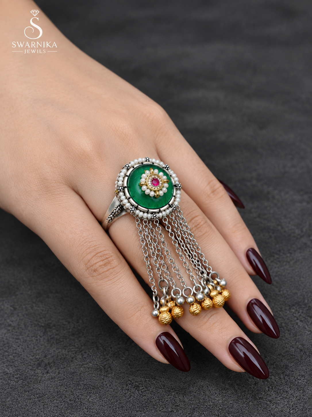 Emerald Fringe Chain Ghungroo Ring view 2