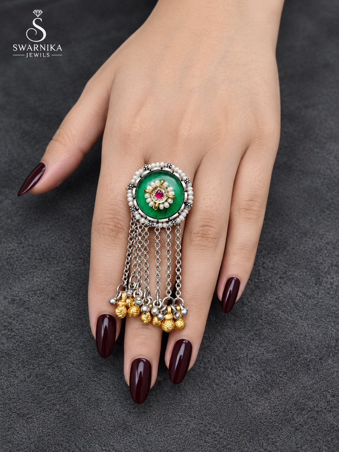 Emerald Fringe Chain Ghungroo Ring view 3