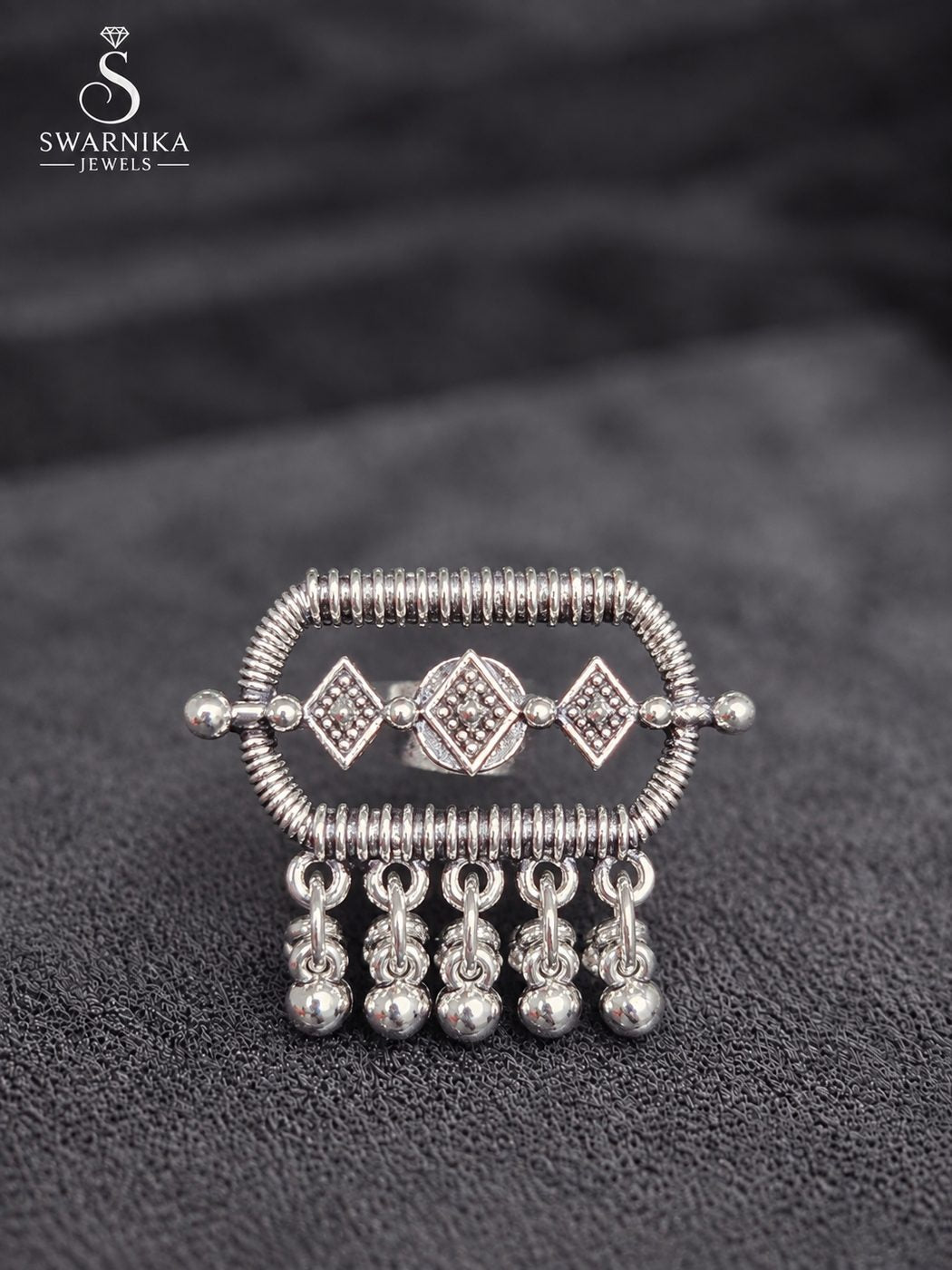 Festive Floral Oxidised Cocktail Ring view 2